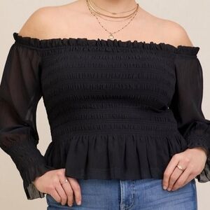 Torrid Crinkle Chiffon Smocked Off Shoulder Black Top 1X Peplum Long Sleeve NWT